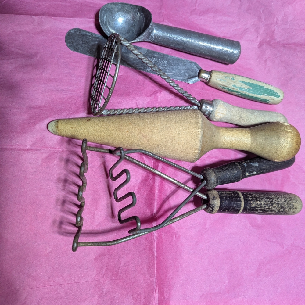 Vintage Kitchen Utensil Set with Wooden Handles